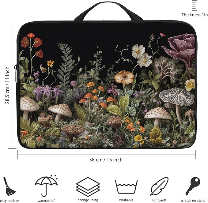Laptop Sleeve Bag with Handle Computer Protective Soft Cover Case for 14 Inch 13 Inch Laptop,Wildflower Mushroom