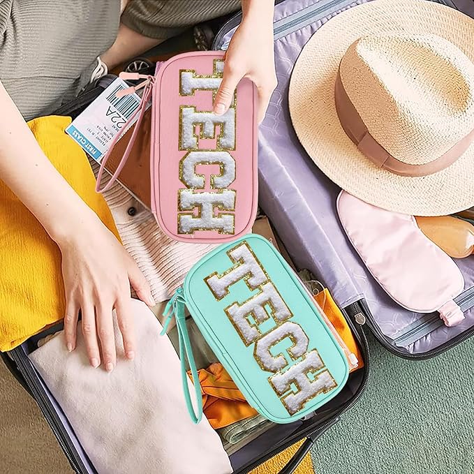 COSHAYSOO Electronics Organizer Bag Travel with Chenille Letter Patch Traveling Must Have Accessories Cute Personalized Gift for Women Cable Cord Charger Storage Pouch (Teal Blue)