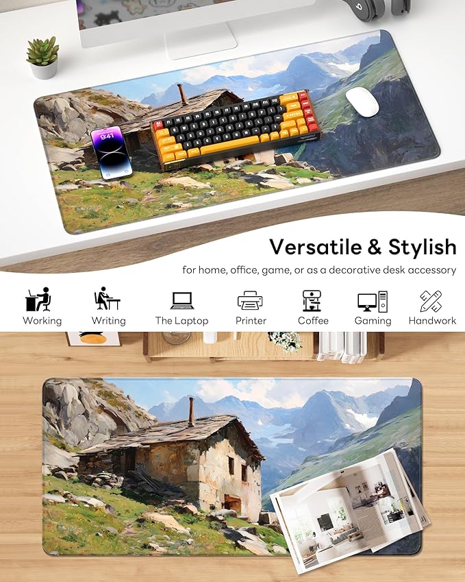 XL Gaming Mouse Pad, 31.5x15.7'' Large Desk Mat with Anti-Slip Rubber Base & Stitched Edges for Gaming, Office, Home - Oil-Painted