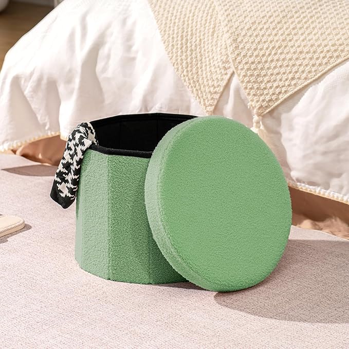 B FSOBEIIALEO Storage Ottoman Cube, Round Ottomans with Storage Foot Stool Footrest for Lving Room, Boucle Ottoman Seat for Dorm Room,Faux Teddy Fur, Green 15"x15"x13.19"