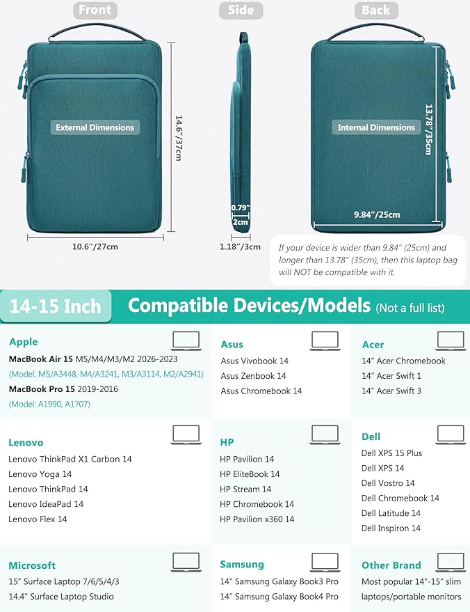HYZUO 14-15 Inch Laptop Bag Sleeve for MacBook Air 15 M5 A3448 M4 M3 M2 2026-2023, MacBook Pro 15, XPS 14/15 Plus, 15" Surface Laptop, Notebook Case for 14" Dell HP Lenovo Asus Acer, Dark Green