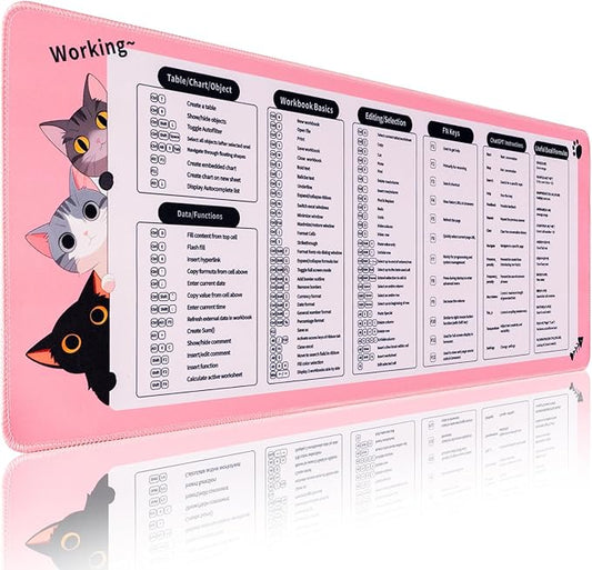 Excel Cheat Sheet Desk Pad, Cute Cat Pink Mouse Pad Non-Slip, 31.5" x 11.8" Large Shortcuts Mouse Pads, XL Gaming Keyboard Mat Office Pink Desk Accessories for Women