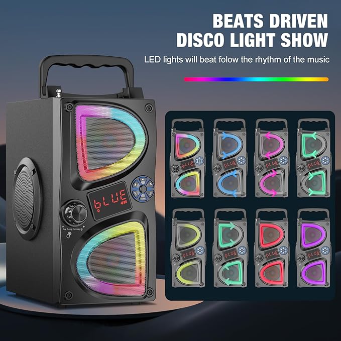 Bluetooth Speaker, 60W(Peak) Wireless Portable Bluetooth Speakers, Beat-Driven Lights, Loud Stereo Small Party Speaker with Double Woofer, Speakers with Two Microphone for Outdoor, Garage, Camping