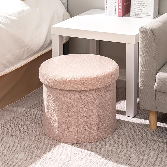 B FSOBEIIALEO Storage Ottoman Cube, Round Ottomans with Storage Foot Stool Footrest for Lving Room, Boucle Ottoman Seat for Dorm Room,Faux Teddy Fur, Pink 15"x15"x13.19"