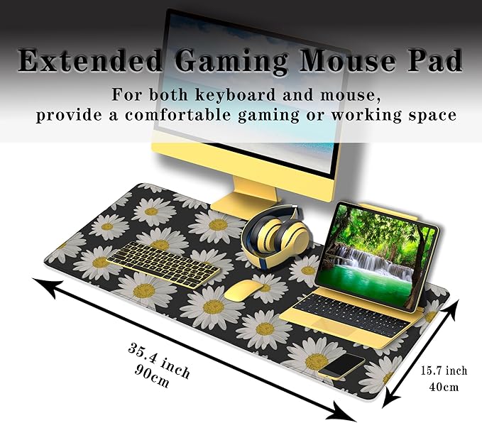 Big Mouse Pad Black Desk Pad Large Gaming Mousepads Pc Mouse Pads Office Items Non-Slip Rubber Base Waterproof with Stitched Edges 35.4 X 15.7 for Game Office, White Daisies