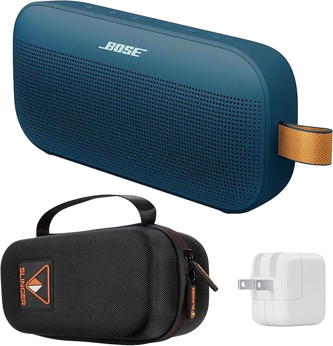 Bose NEW SoundLink Flex Portable Bluetooth Speaker (2nd Gen), Outdoor Speaker with Hi-Fi Audio, Up to 12 Hours Battery, Waterproof and Dustproof, + Slinger Hard Travel Case & USB Plug (Twilight Blue)