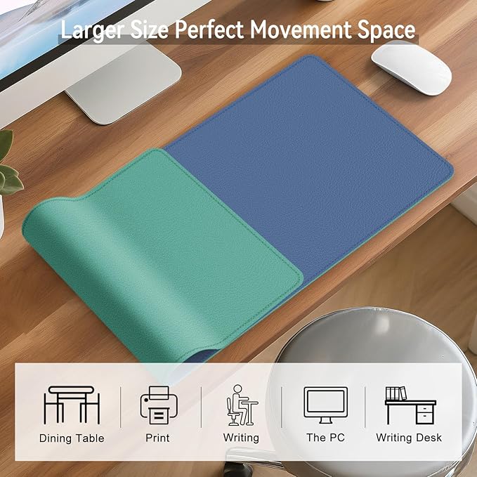 Dual Sided Leather Desk Mat - Waterproof Desk Pad - Ideal for Large Mouse Pad and Desk Mats on Top of Desks (Blue, 33"*13")