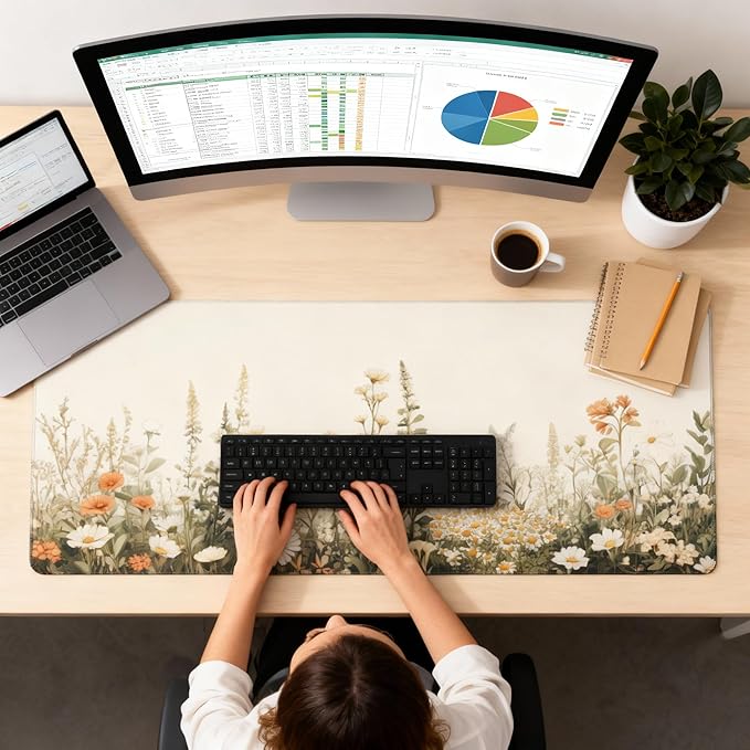 Floral Aesthetic Wildflower Gaming Mouse Pad, Beige Vintage Botanical Desk Mat with Anti-Slip Base & Stitched Edges, Office & Home Desk Decor for Women, 35.4" x 15.7" in Computer Desktop Mat
