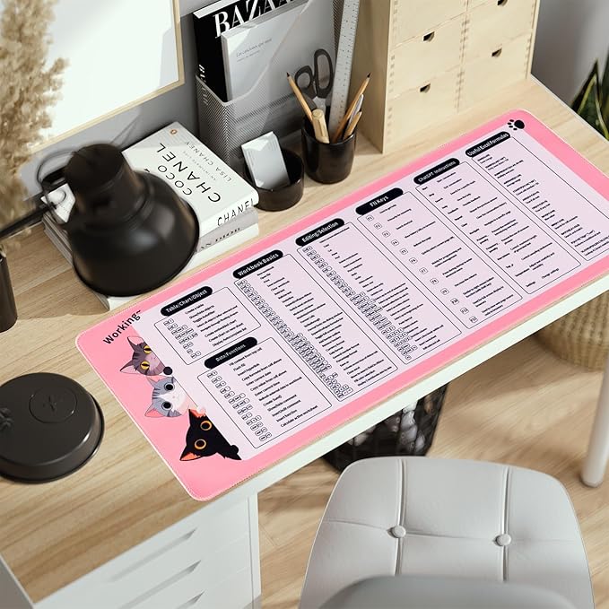 Excel Cheat Sheet Desk Pad, Cute Cat Pink Mouse Pad Non-Slip, 31.5" x 11.8" Large Shortcuts Mouse Pads, XL Gaming Keyboard Mat Office Pink Desk Accessories for Women
