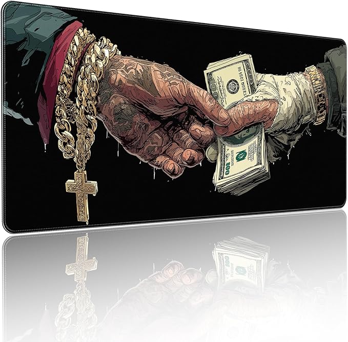 Extended Gaming Mousepad with Cross and Dollar Bill Designs, 35.4 x 15.7 inches, Featuring a Non-Slip Base and Waterproof Surface, Suitable for Home Office and Work environments.