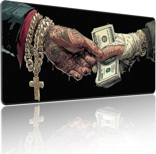 Extended Gaming Mousepad with Cross and Dollar Bill Designs, 35.4 x 15.7 inches, Featuring a Non-Slip Base and Waterproof Surface, Suitable for Home Office and Work environments.