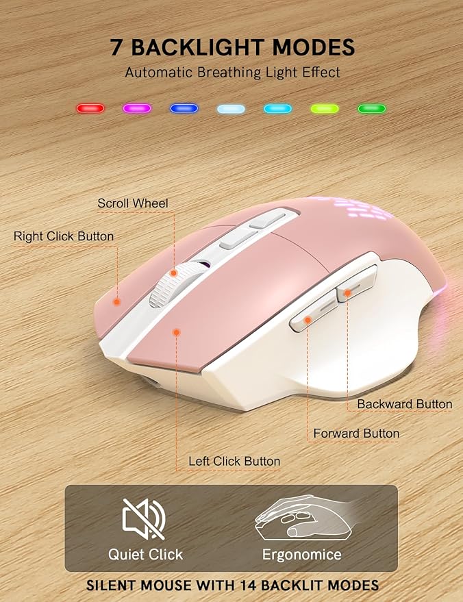 SABLUTE Ergonomic Wireless Keyboard and Mouse Combo - Wave Keyboard with Soft Leather Wrist Rest, Resistant Keys, RGB Backlit Rechargeable Set for PC/Mac/Chromebook (Black) (Pink)