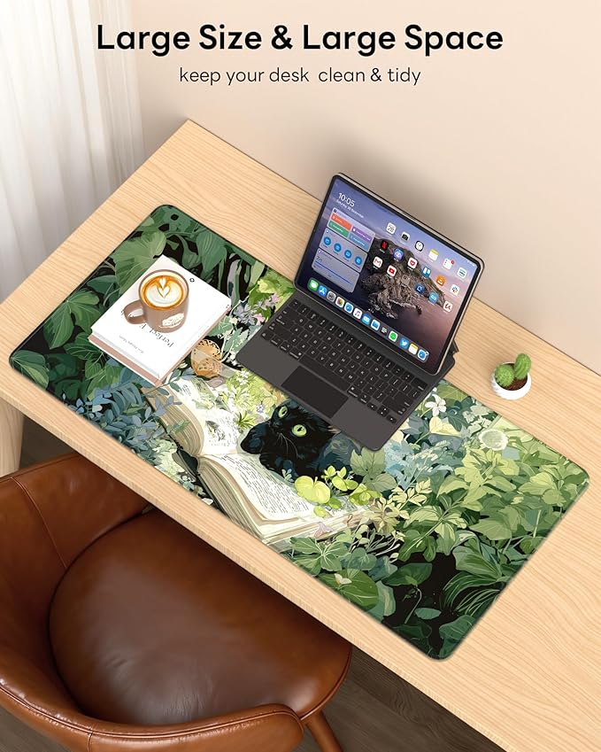 XL Gaming Mouse Pad, 31.5x15.7'' Large Desk Mat with Anti-Slip Rubber Base & Stitched Edges for Gaming, Office, Home - Reading Cat