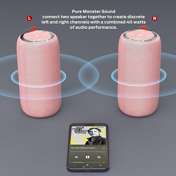 Monster S310 Upgraded Bluetooth Speaker, 30W Portable Speaker, 360° Stereo Sound with Punchy bass, TWS Pairing, IPX6 Waterproof, Bluetooth 5.2, 24H Playtime, Perfect for Home, Outdoor, Beach, Pink