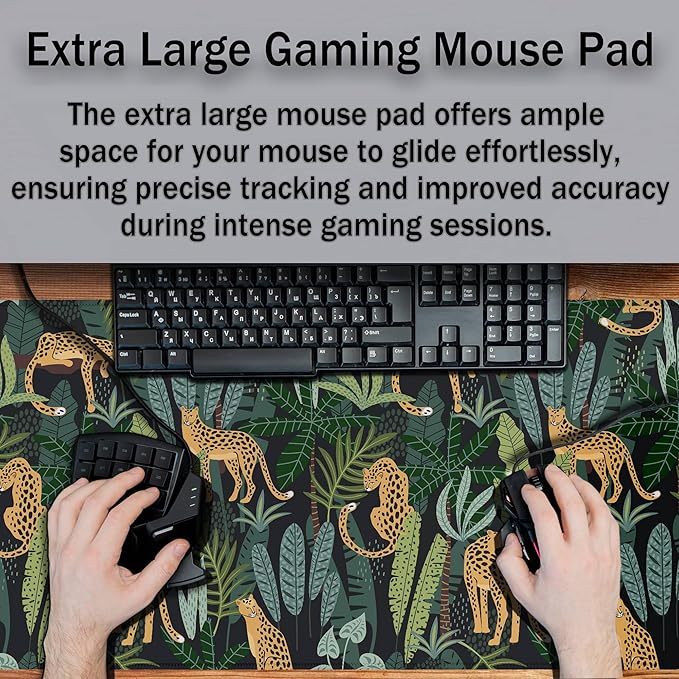 Extra Large Mouse Pad Yellow Green Office Desk Mats Gaming Mousepad Ga Mouse Pad Non-Slip Rubber Base Waterproof with Stitched Edges 35.4" X 15.7" for Game Office, Tropical Leaves