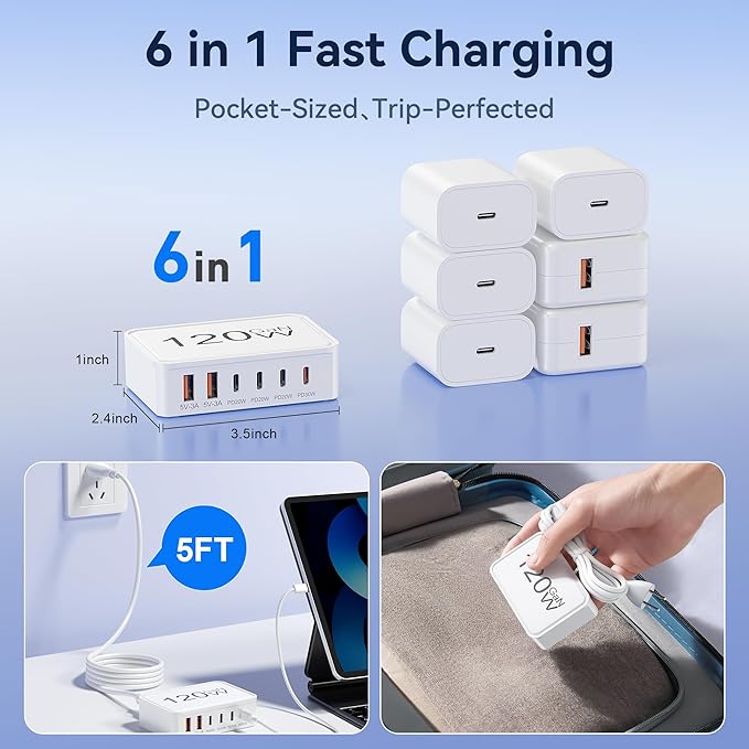 USB C Charger Block, 120W GaN 6-Port Charging Station, 30W Fixed PD Port Type C Charger Fast Charging for iPhone 17/16/15/14, iPad, Galaxy, Pixel, Power Adapter Hub for Travel Home Office
