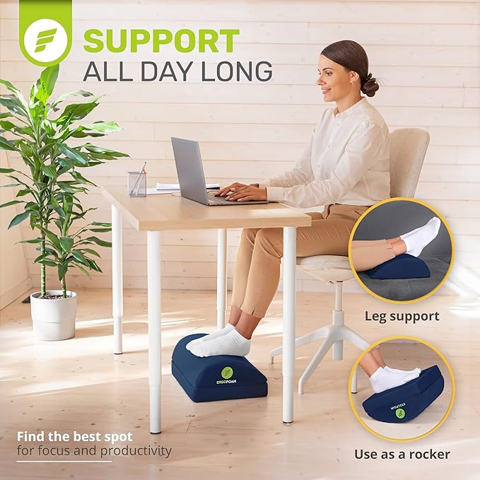 ErgoFoam Foot Rest - Chiropractor-Endorsed Orthopedic Teardrop Design 2in1 Adjustable Premium Under Desk Footrest for Lumbar, Back, Knee Pain (Navy Blue)