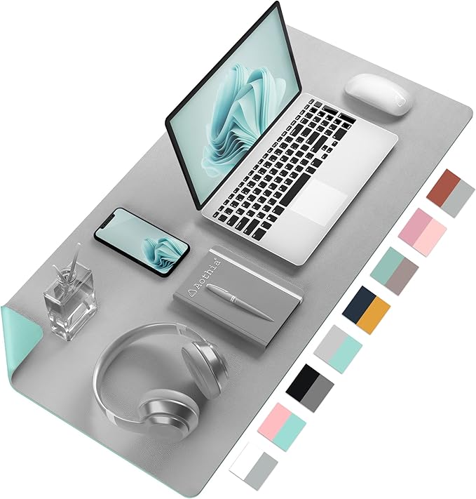 Aothia Double-Sided PU Leather Desk Pad - Non-Slip Large Mouse Pad & Desk Mat for Office, Home - Waterproof, Easy to Clean, Durable Dual-Sided Surface (31.5" x 15.7", Grey)