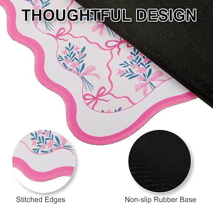 L-SPOUTTO Pink Mouse Pad,Cute Desk Mat XXL Large Scalloped Gaming Mousepad,35.4x15.7in Non-Slip Rubber Base Keyboard Pad Waterproof Girly Desktop Mat for Laptop Computer Game Home Office-Flower Bow