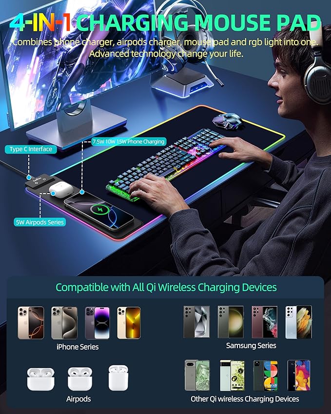 ExtreLife Wireless Charging Mouse Pad, RGB Gaming Mousepad, 31.5"x11.8" Extra Large Desk Mat, 13 Light Modes, Ultra-Smooth Surface, Non-Slip Base, Waterproof Computer Keyboard Pad for Laptop, Black