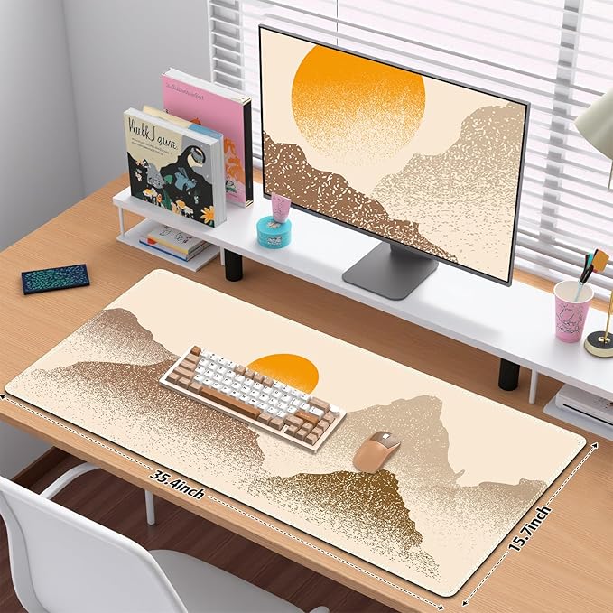 Beige Desk Matt for Desktop, Mouse Pad Mat, Desk Mat for Keyboard and Mouse, XXL Large Mouse Pad for Desk, Anti-Slip Big Mousepad with Stitched Edges, Mouse Mat for Computer Laptop Women, Mountain Sun