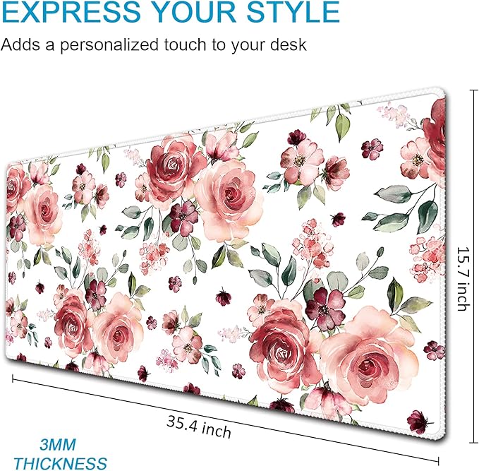 XXL Waterproof Office Desk Pad Protector 35.4x15.7 Inch - Extended Gaming Mouse Pad with Non-Slip Rubber Base, Thickened Keyboard Mat, Stitched Edges & Peony Flowers Design