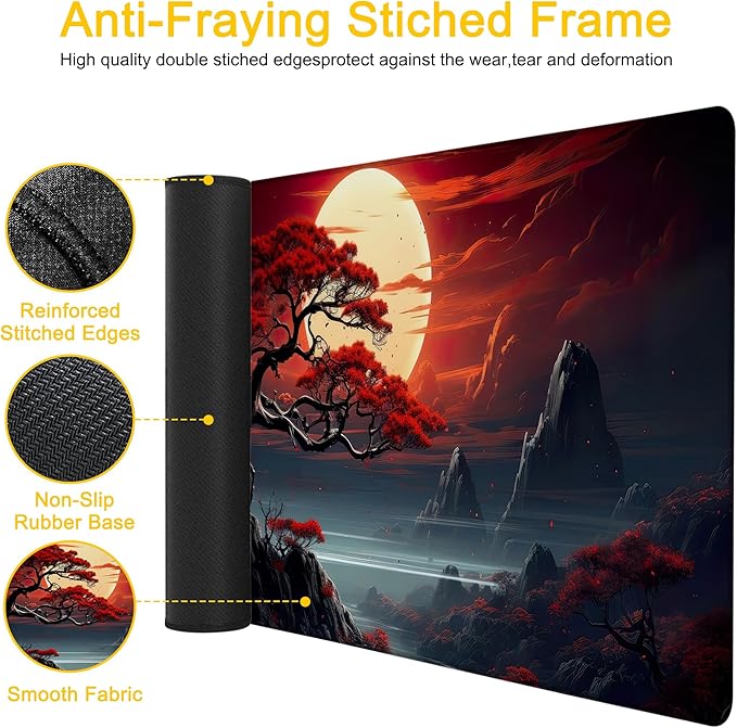 Desk Pad Darkness Red Moon Desk Mat for Keyboard and Mouse, Large Mousepad with Stitched Edges for Work Game Office, 31.5 x 11.8 in