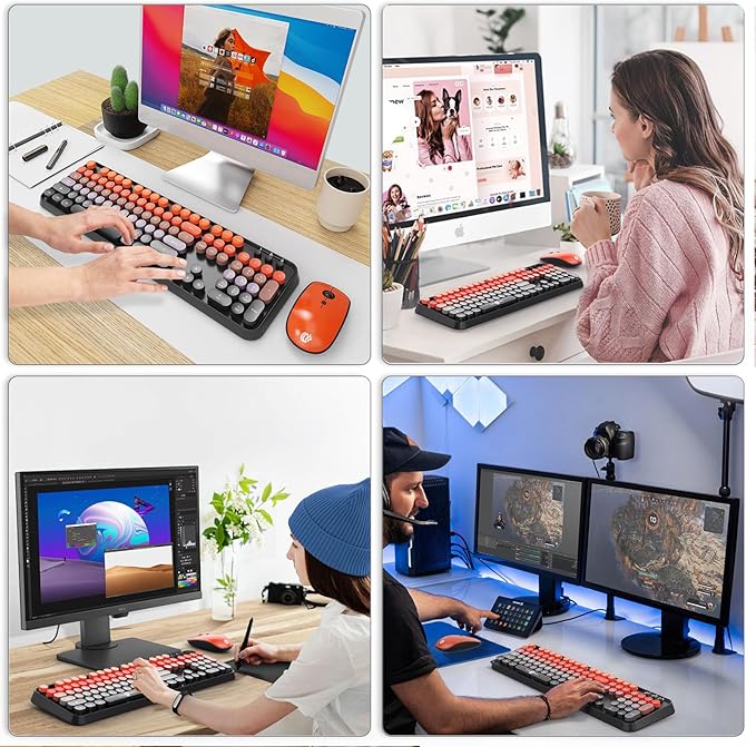 FOPETT Wireless Keyboard and Mouse Combo, 104 Keys Full-Sized 2.4 GHz Round Keycap Colorful Keyboards, USB Receiver Plug and Play, for Windows, Mac, PC, Laptop, Desktop (GradientOrange)
