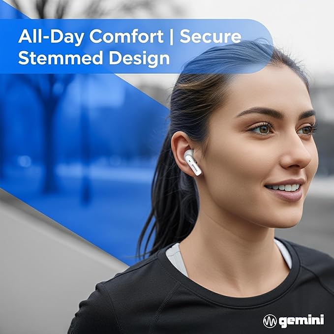 Gemini True Wireless Earbuds Bluetooth 5.4 – 13mm Drivers, USB-C, Touch Control, Stemmed Design, Built-in Mic for Calls, Fast Pairing for iPhone Android (GEBX-100)