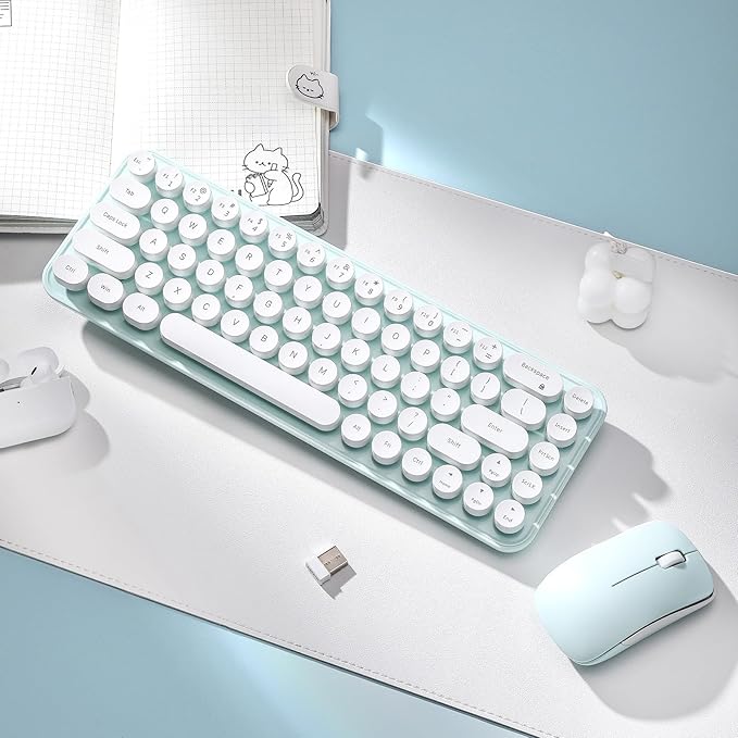 i68 Wireless Typewriter Keyboard and Mouse Combo,2.4GHz Cordless Connection, Cute Retro Aesthetic Design Round Keycaps for Tablet, Phone, PC and Win/Mac/Android(Green)