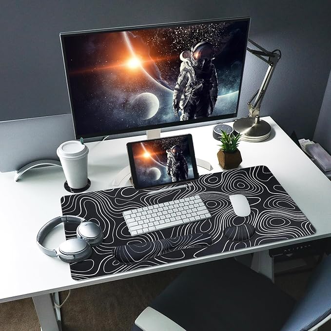 Bloss Keyboard Mouse Pad Set, Large Gaming Desk Pad+Keyboard Wrist Rest+Mouse Wrist Cushion+Coaster, Non-Slip Desk Mat, Home Office Essentials-Black and White Topography (35.4 x 15.7 Inches)