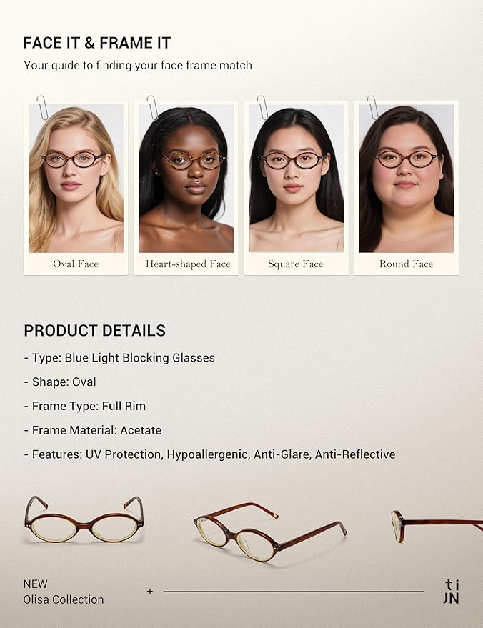 TIJN Olisa Blue Light Blocking Glasses for Women Men,Retro Oval Frame Bluelight Eyeglasses for Gaming/Computer/Screen