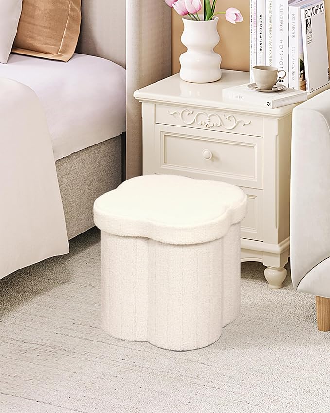 B FSOBEIIALEO Storage Ottoman Cube, Flowers Shaped Ottomans with Storage Foot Stool Footrest for Lving Room, Boucle Ottoman Seat for Dorm Room,Faux Teddy Fur,White 12.6"x12.6"x12.6"