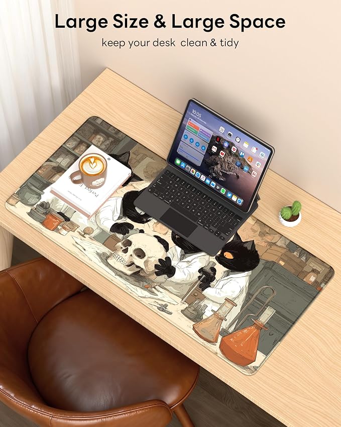 XL Gaming Mouse Pad, 31.5x15.7'' Large Desk Mat with Anti-Slip Rubber Base & Stitched Edges for Gaming, Office, Home - Professor Cat