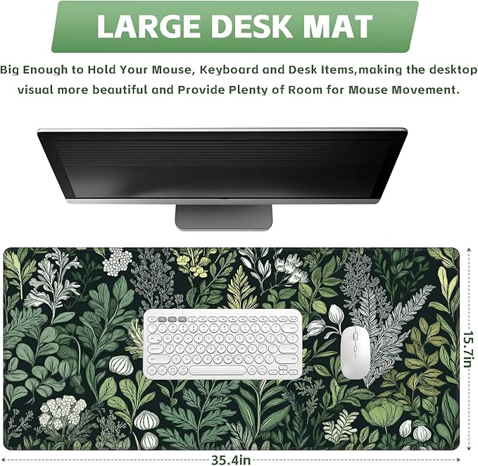 Baziabbo Green Desk Mat,XXL Extended Big Mouse Pad,Gaming Mousepad with Stitched Edge,Non-Slip Rubber Base Keyboard Desk Pad for Home Office Study Game