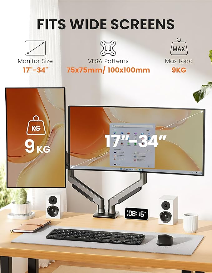 ErGear Dual Monitor Arm, Full Adjustable Monitor Mount for 17–34″ Screens, Fast Install Computer Monitor Stand with Tool-Free VESA Mount, Max Load 19.8 lbs, Max VESA 100x100mm - Grey