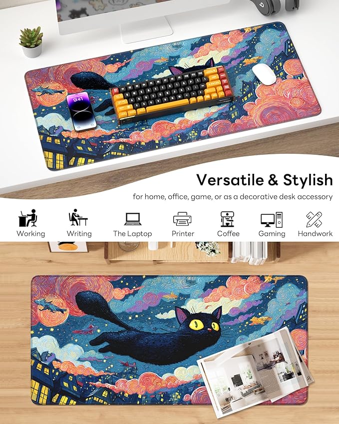 XL Gaming Mouse Pad, 31.5x15.7'' Large Desk Mat with Anti-Slip Rubber Base & Stitched Edges for Gaming, Office, Home - Flying Cat