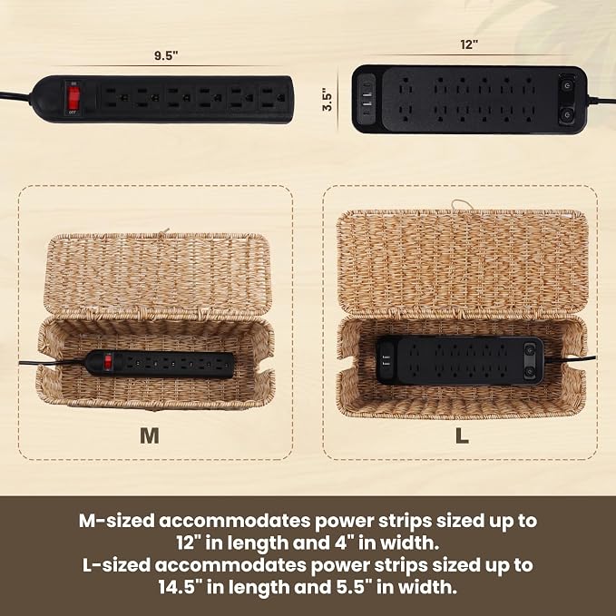 BROWNLILY Cable Management Box, Rattan Style Cord Organizer for Desk Cord Hider Outlet Covers Baby Proofing for Power Strip TV PC Router Charger Under Desk Storage with Lockable Lid and Cable Ties - Image 4