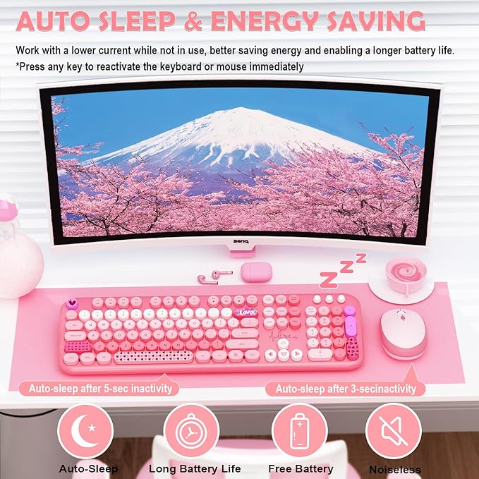 Wireless Keyboard and Mouse,MOFII 104 Round Keys Lovely Full-Size Cute Colorful Keyboard and Mouse with Retro Typewriter for PC/Mac/Laptop/Tablet/Computer/Windows Pink