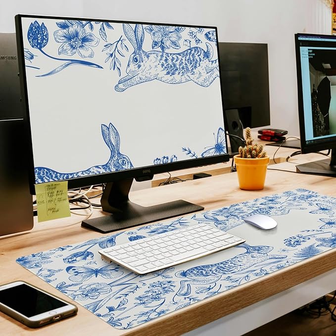 L-SPOUTTO Blue Floral Desk Mat for Keyboard and Mouse,Cute XXL Gaming Mouse Pad,Large 35.4x15.7in Non-Slip Rubber Base Keyboard Pad Waterproof Desktop Mat for Laptop Computer Work Home Office-Rabbits