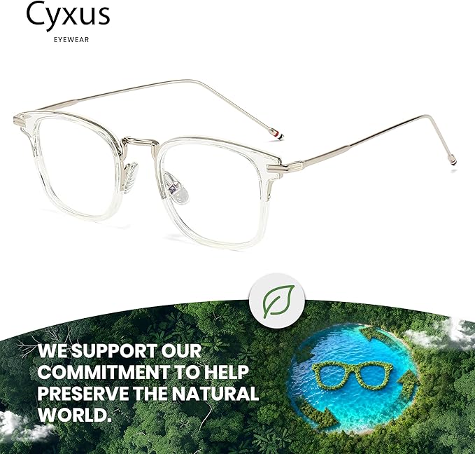 Cyxus Retro Blue Light Glasses Men - Square TR90 Metal Blowline Frame Stylish Trendy for Computer Daily Work 8252