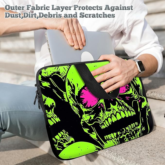 Universal Tablet Laptop Sleeve Case 10 inch, Neon Green Skull Slim Carrying Case Travel Laptop Bag Durable Handbag for 7 to 10-inch Laptops/Notebook/Kids Tablet/ipad/eBook Readers