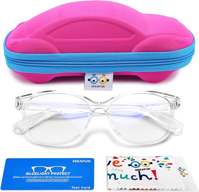 Blue Light Glasses for Kids Girls Boys with Cute Car Case, UV400 Protection, Anti Blue Ray Age3-12