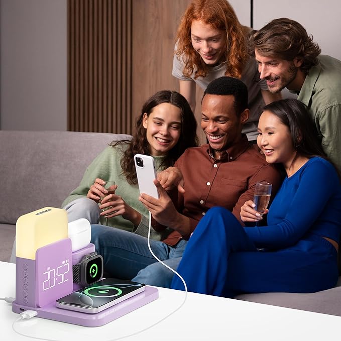 7 in 1 Charging Station for iPhone, Wireless Charging Station, Alarm Clock, Night Light, Wireless Charger for iPhone 17 16 15 14 13 12 Pro Max & Apple Watch - Charging Stand Dock for AirPods(Purple)