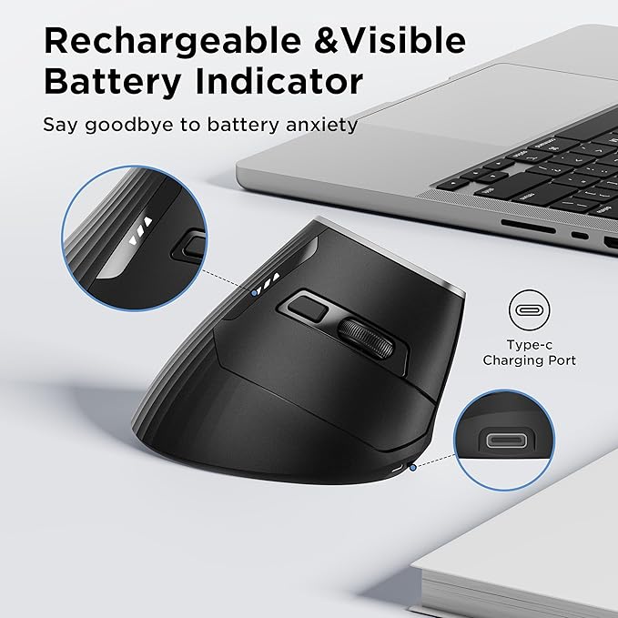 Uineer Wireless Ergonomic Mouse, Bluetooth Mice (BT4.0/5.0 and 2.4G) Rechargeable Vertical Mouse, 3 Multi-Device Connectivity for PC/Mac/Laptop/Computer, 4 DPI Quiet Clicks for Office, Home, Black