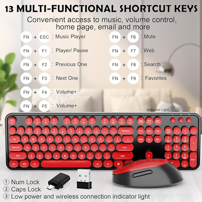 Wireless Keyboard and Mouse, COOFUN Retro Typewriter Keyboard with Round Keycaps, Full-Size Ergonomic, Ideal for Windows PC, Home, Office, and College Black and Red