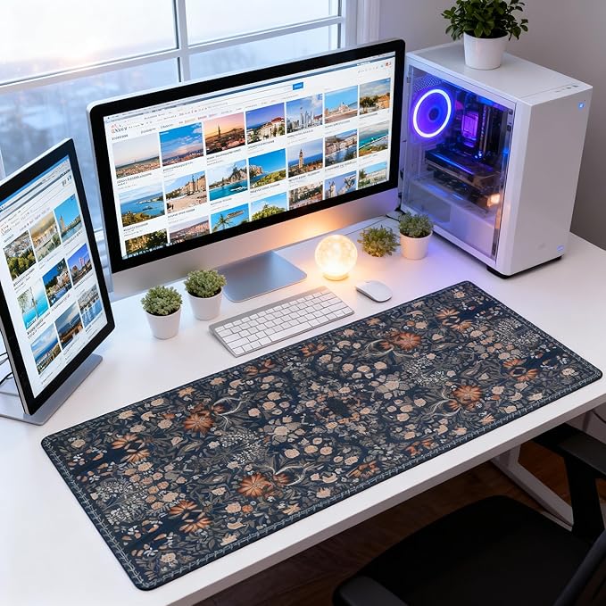 Floral Aesthetic Wildflower Gaming Mouse Pad, Blue Pink Rug Desk Mat with Anti-Slip Base & Stitched Edges, Office & Home Desk Decor for Women, 35.4" x 15.7" in Computer Desktop Mat
