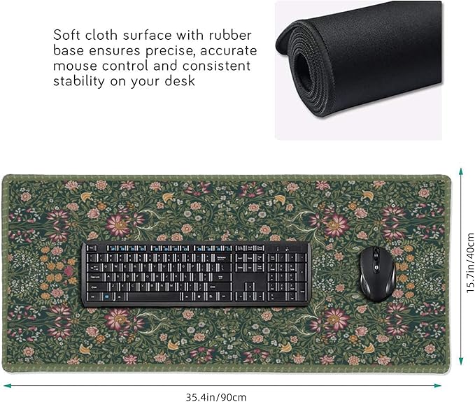 Dark Green Floral XXL Desk Mat, Extra Large Mouse Pad with Anti-Slip Base & Stitched Edges for Women, Aesthetic Desk Pad for Home Office Computer, Keyboard Mat Office Supplies Decor