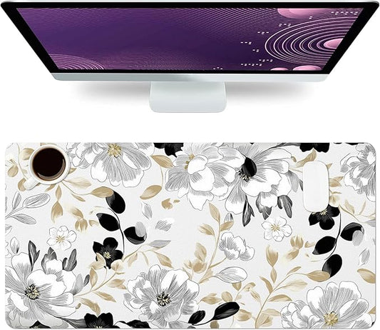 Large Mouse Pad, Black White Floral Desk Mat for Desktop, Women Girls Flowers PU Leather Waterproof Desk Pad, Computer PC Laptop Protector Gaming Mouse Pads for School Office Home (27.5" x 13.8")