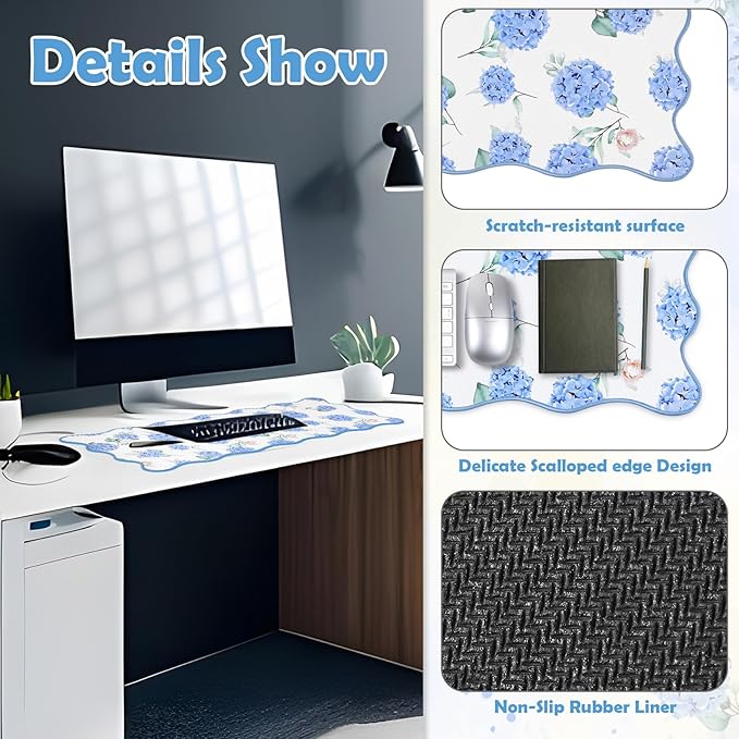 1 Pcs Blue Scalloped Hydrangea Desk Mat 31.5 x 11.8 Inch Large Cute Mouse Pad Computer Mat Non Slip Waterproof Rubber Base with Border Stitching Soft Keyboard Pad for Home Office Gaming Makeup